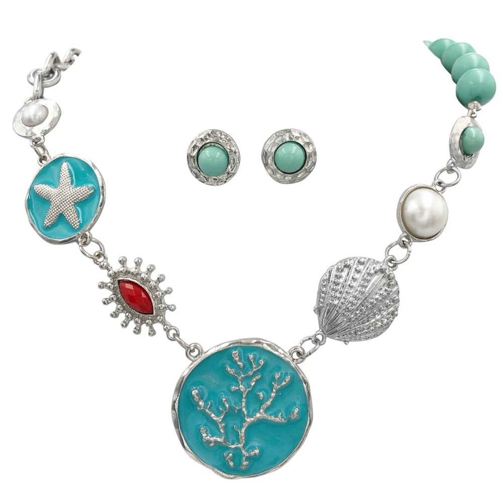 Aqua Blue Pearl Coral Sea Life Necklace Set